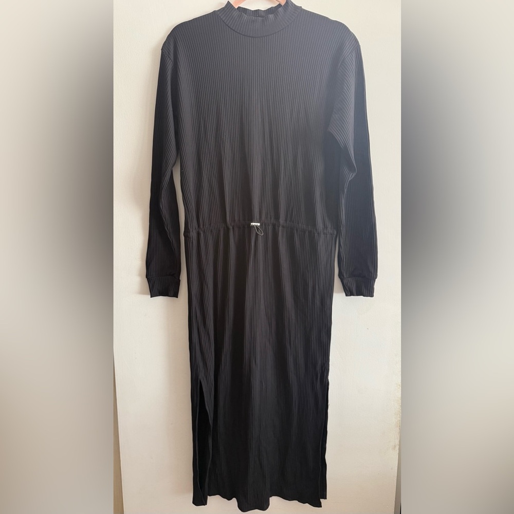 Zara Size Small Stretch Black Ribbed Long-Sleeve Midi Dress with Cinch Cord
